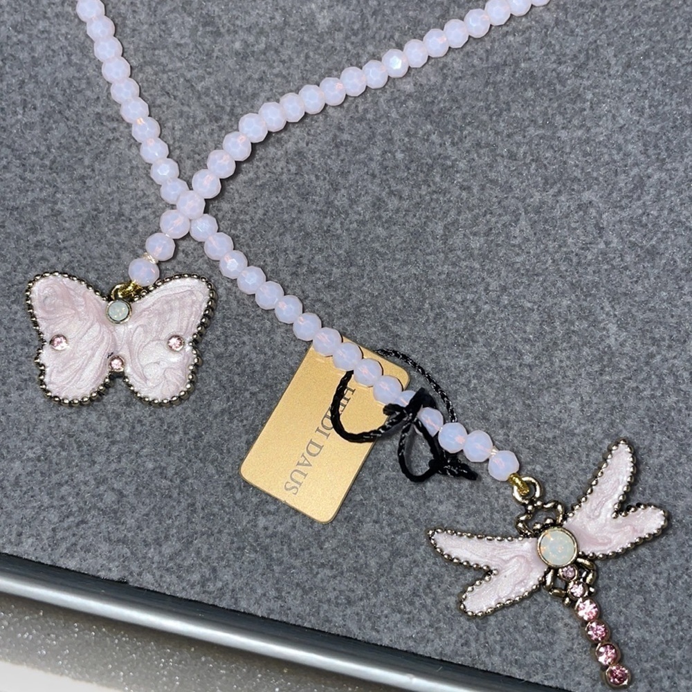 Pink rope necklace w/butterfly & dragonfly pendants by Heidi Daus - Picture 7 of 8